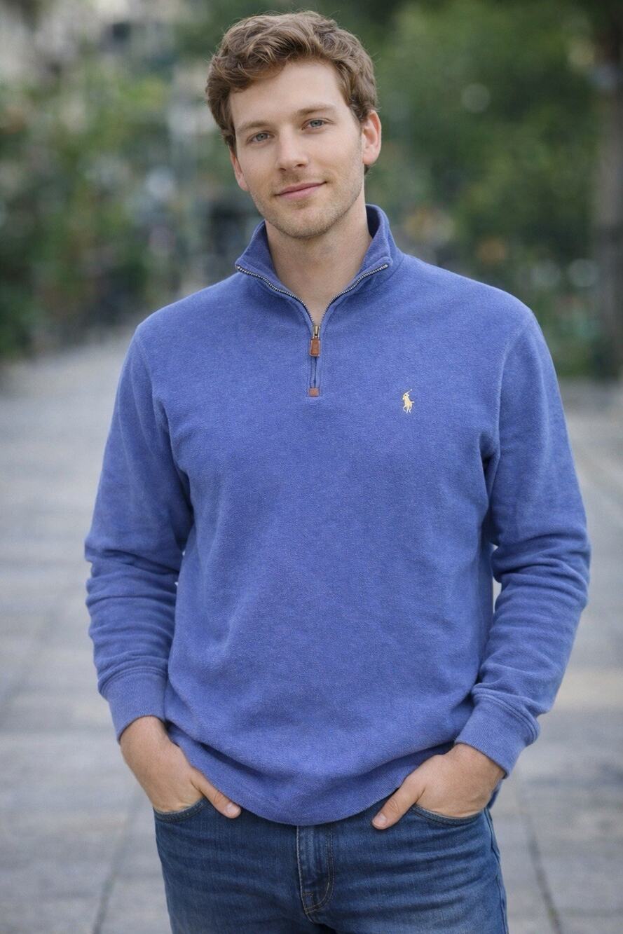 Polo Ralph Lauren Quarter Zip Sweater Preppy Old Money Coastal Blue Medium